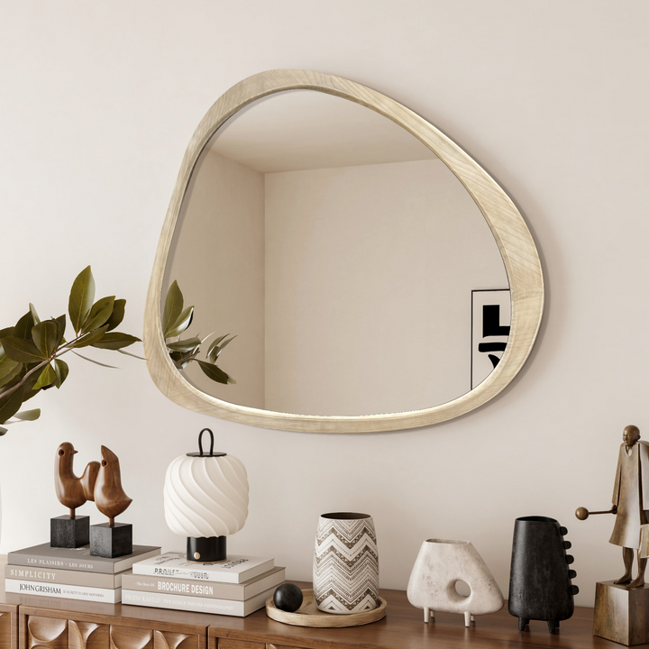 Solid Wood Asymmetrical Wall Mirror - 45 Inch Large Wooden Framed Dressing Mirror for Living Room, Bedroom, Bathroom, Hallway, Natural Wood Washed Finish - Mediterranean Italian Contemporary Home Decor Furniture
