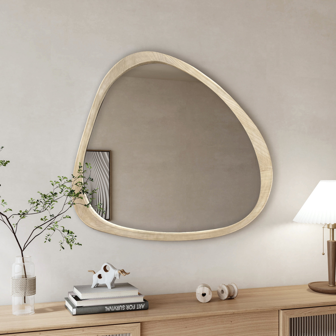 Solid Wood Asymmetrical Wall Mirror - 45 Inch Large Wooden Framed Dressing Mirror for Living Room, Bedroom, Bathroom, Hallway, Natural Wood Washed Finish - Mediterranean Italian Contemporary Home Decor Furniture