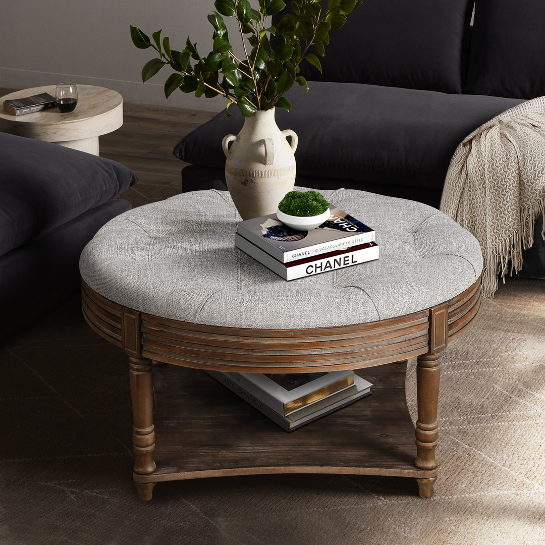 Antique Cottage Farmhouse Style Upholstered Grey Coffee Table - Modern Cottage Farmhouse Furniture