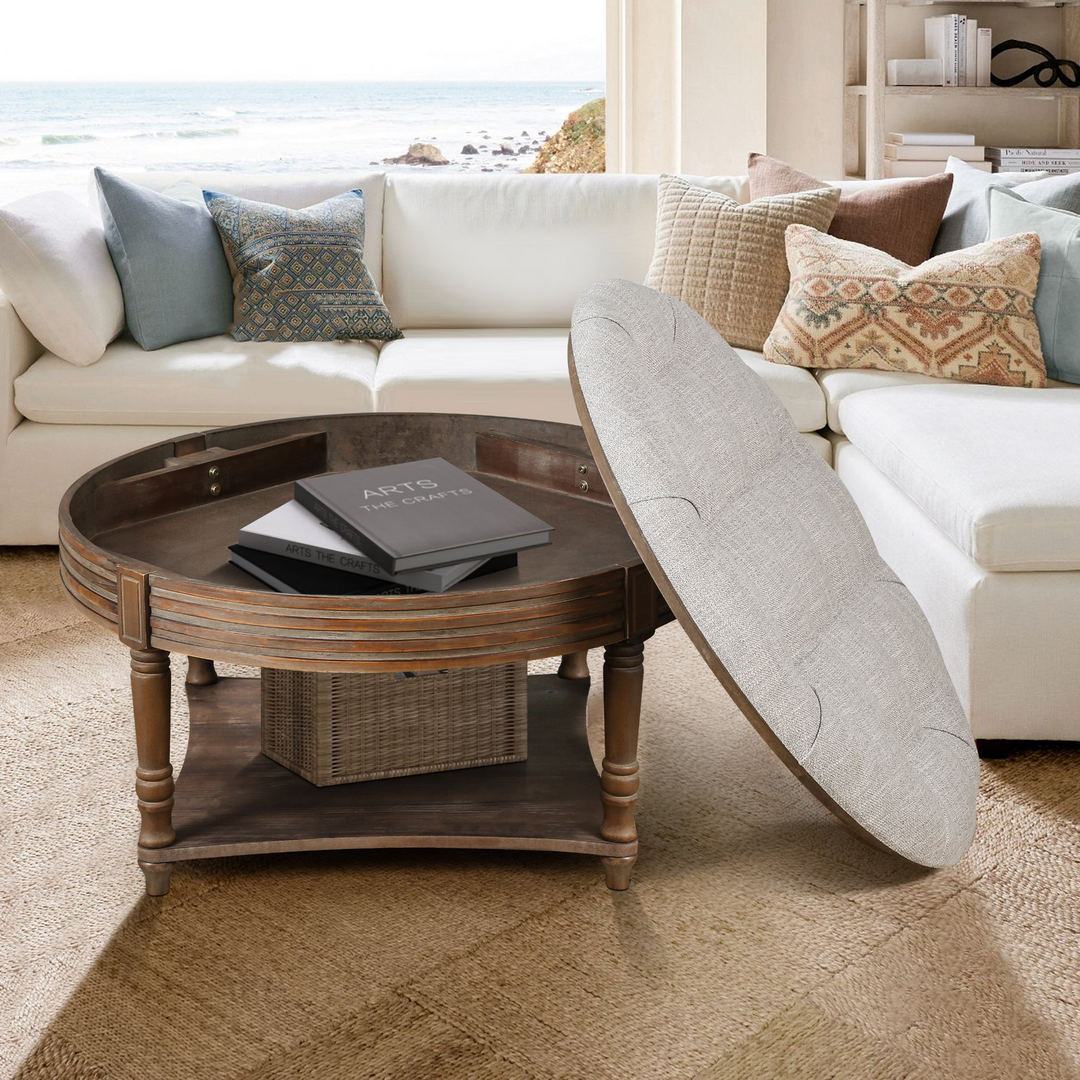 Buy farmhouse furniture Grey Tufted Ottoman Coffee Table | Farmhouse Storage Ottoman with Hidden &amp; Open Storage - Modern Cottage Farmhouse Furniture