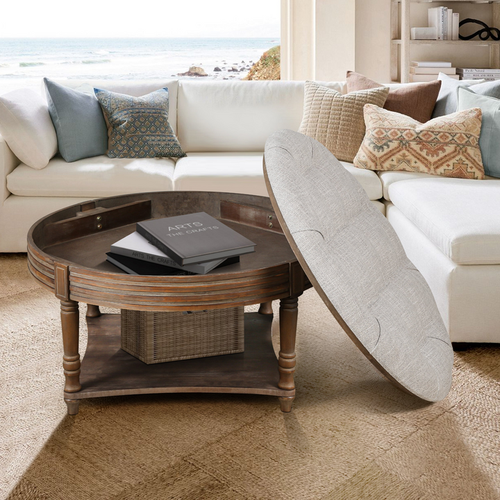 Buy farmhouse furniture Grey Tufted Ottoman Coffee Table | Farmhouse Storage Ottoman with Hidden &amp; Open Storage - Modern Cottage Farmhouse Furniture
