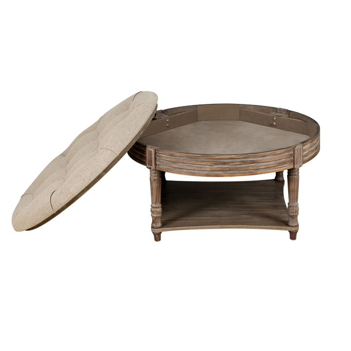 Buy farmhouse furniture Beige Tufted Round Storage Ottoman | Farmhouse Coffee Table Ottoman with Dual Storage | 31.5" - Modern Cottage Farmhouse Furniture