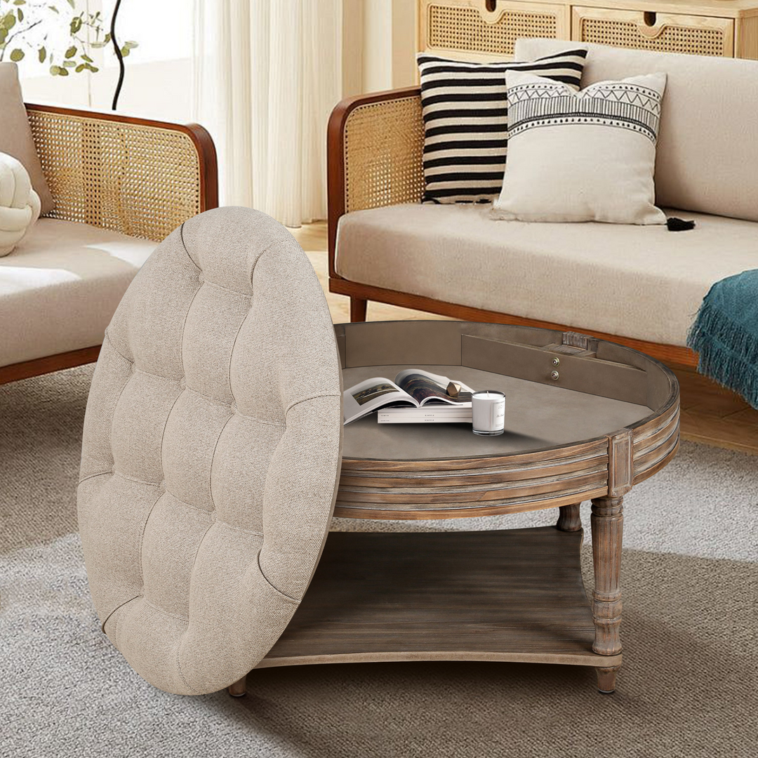 Buy farmhouse furniture Beige Tufted Round Storage Ottoman | Farmhouse Coffee Table Ottoman with Dual Storage | 31.5" - Modern Cottage Farmhouse Furniture