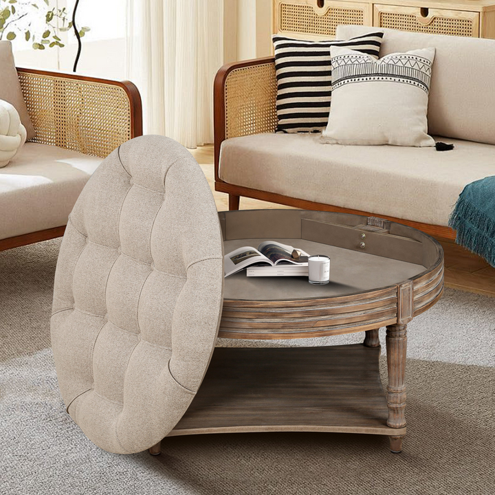 Buy farmhouse furniture Beige Tufted Round Storage Ottoman | Farmhouse Coffee Table Ottoman with Dual Storage | 31.5" - Modern Cottage Farmhouse Furniture