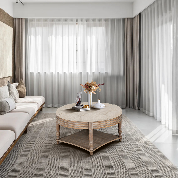 Buy farmhouse furniture Beige Tufted Round Storage Ottoman | Farmhouse Coffee Table Ottoman with Dual Storage | 31.5" - Modern Cottage Farmhouse Furniture