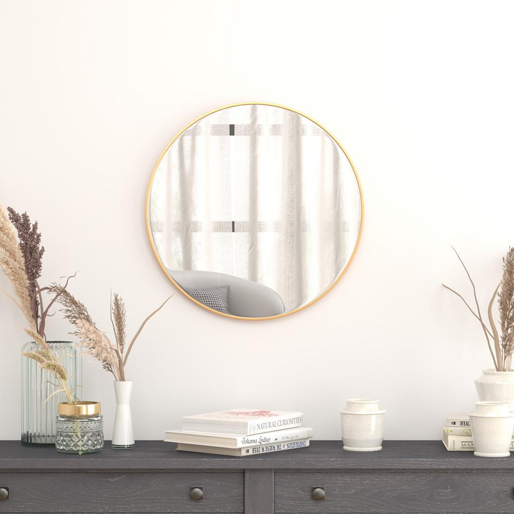 Boho Aesthetic Round Gold Metal Framed Wall Mirror - Large Accent Mirror for Bathroom, Vanity, Entryway, Dining Room, & Living Room | Biophilic Design Airbnb Decor Furniture 