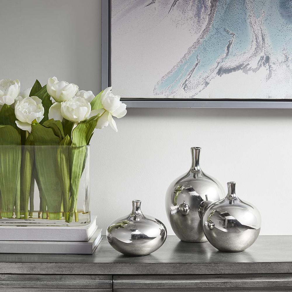 Boho Aesthetic Ansen Metallic 3pcs Vase Set, Silver | Biophilic Design Airbnb Decor Furniture 