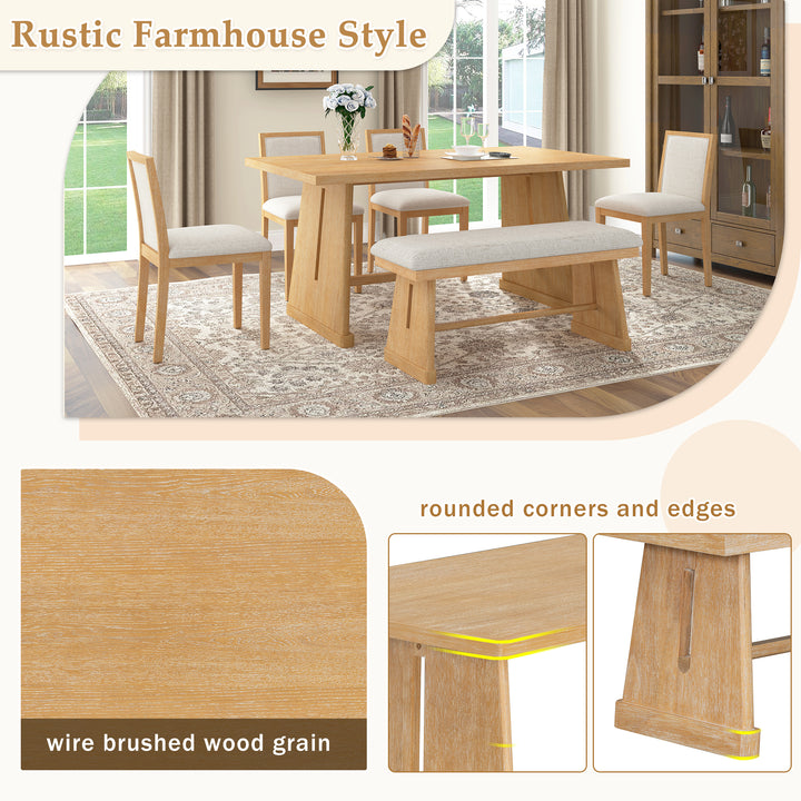 Buy farmhouse furniture Amy Farmhouse Dining Set for 6 | Wire-Brushed Wood Table, 4 Linen Chairs &amp; Bench - Modern Cottage Farmhouse Furniture