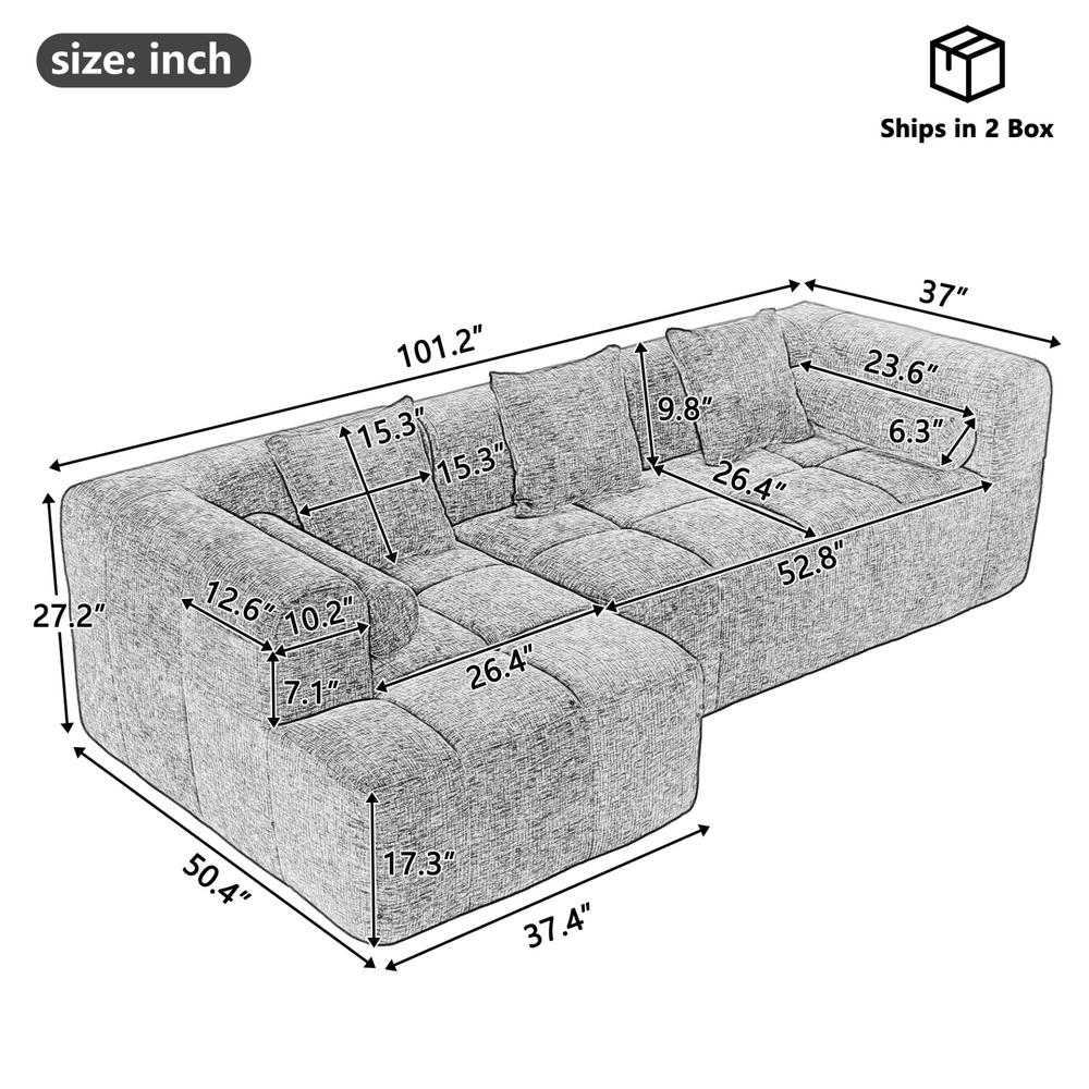 Grey Full-Compressed Bubble European Farmhouse Modular Sectional Sofa Couch - Modern Cottage Farmhouse Furniture