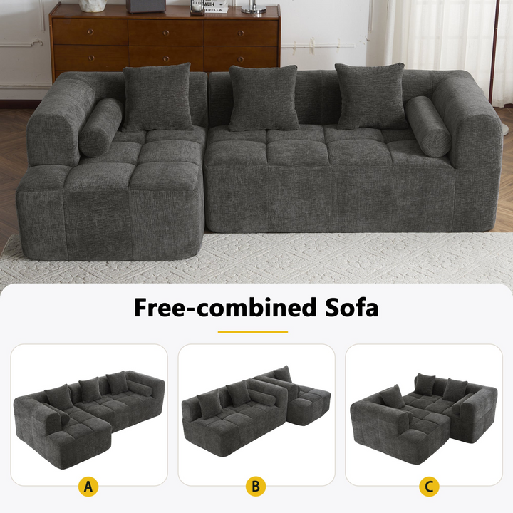 Grey Full-Compressed Bubble Soft Plush Modular Sectional Sofa - Mediterranean Tuscan Contemporary Home Decor Furniture