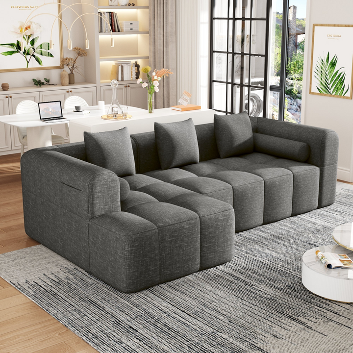 Grey Full-Compressed Bubble Soft Plush Modular Sectional Sofa - Mediterranean Tuscan Contemporary Home Decor Furniture