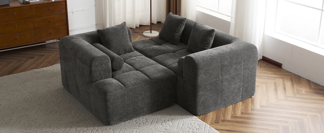 Grey Full-Compressed Bubble Soft Plush Modular Sectional Sofa - Mediterranean Tuscan Contemporary Home Decor Furniture