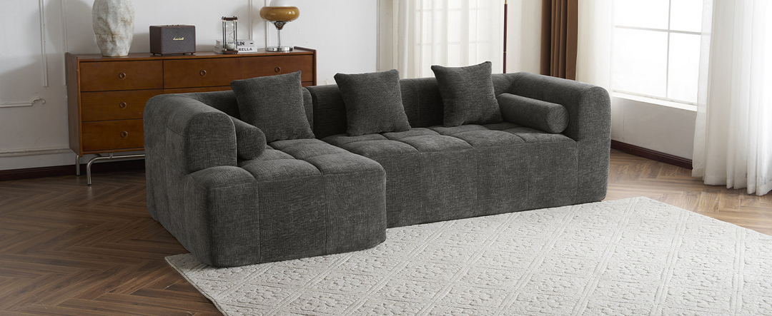 Grey Full-Compressed Bubble Soft Plush Modular Sectional Sofa - Mediterranean Tuscan Contemporary Home Decor Furniture