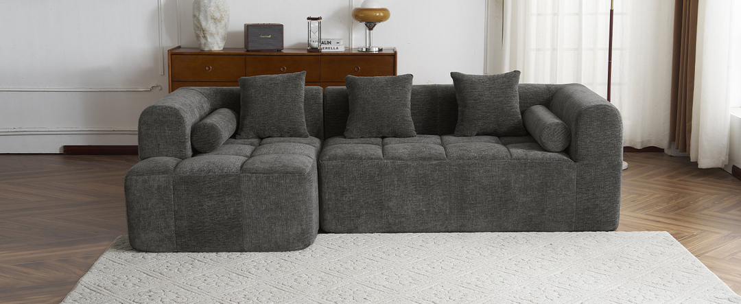 Grey Full-Compressed Bubble Soft Plush Modular Sectional Sofa - Mediterranean Tuscan Contemporary Home Decor Furniture