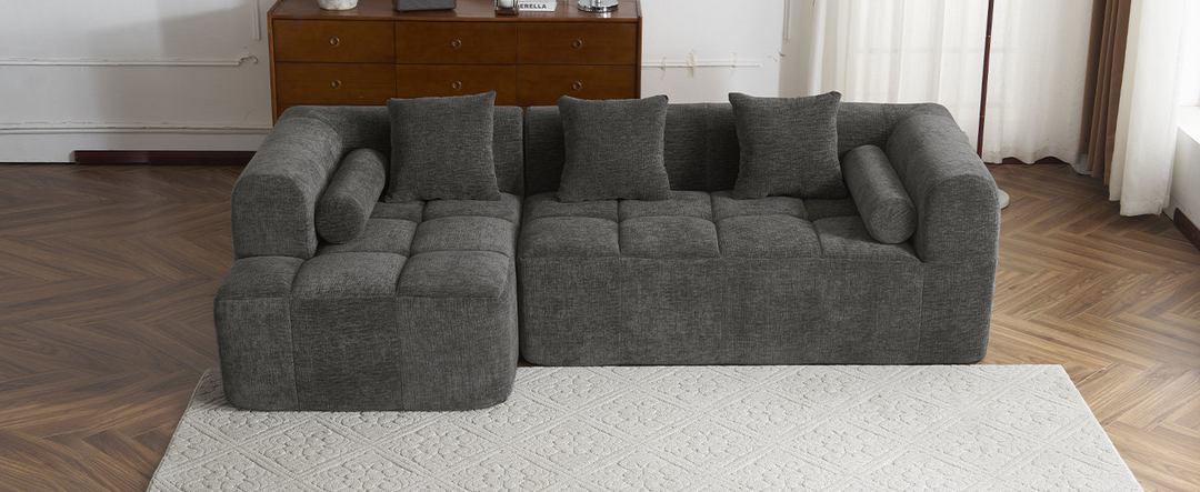 Grey Full-Compressed Bubble Soft Plush Modular Sectional Sofa - Mediterranean Tuscan Contemporary Home Decor Furniture