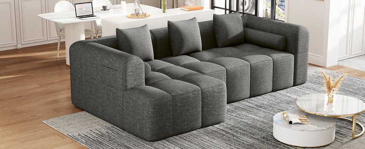 Grey Full-Compressed Bubble Soft Plush Modular Sectional Sofa - Mediterranean Tuscan Contemporary Home Decor Furniture