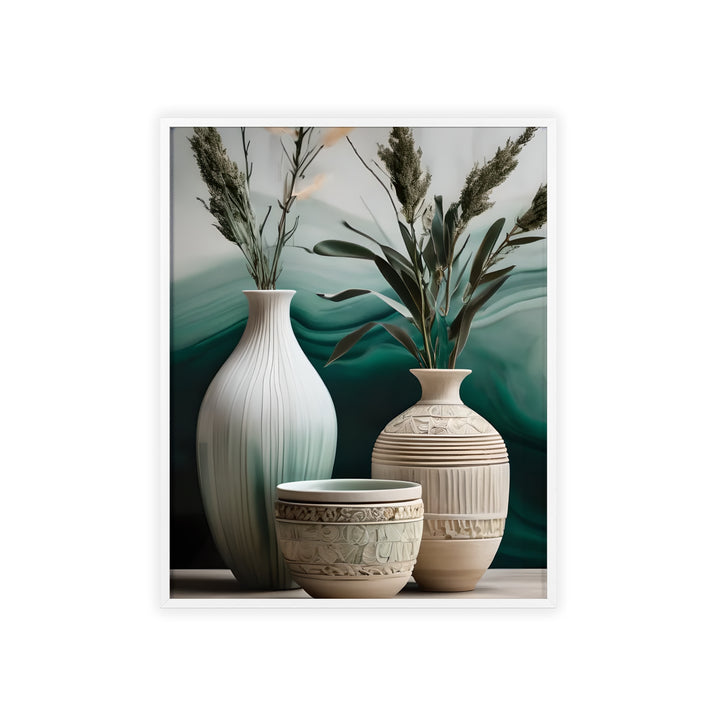 Boho Aesthetic Sage Bowls Poster with Wooden Frame Curated By Artisan & Blooms | Biophilic Design Airbnb Decor Furniture 