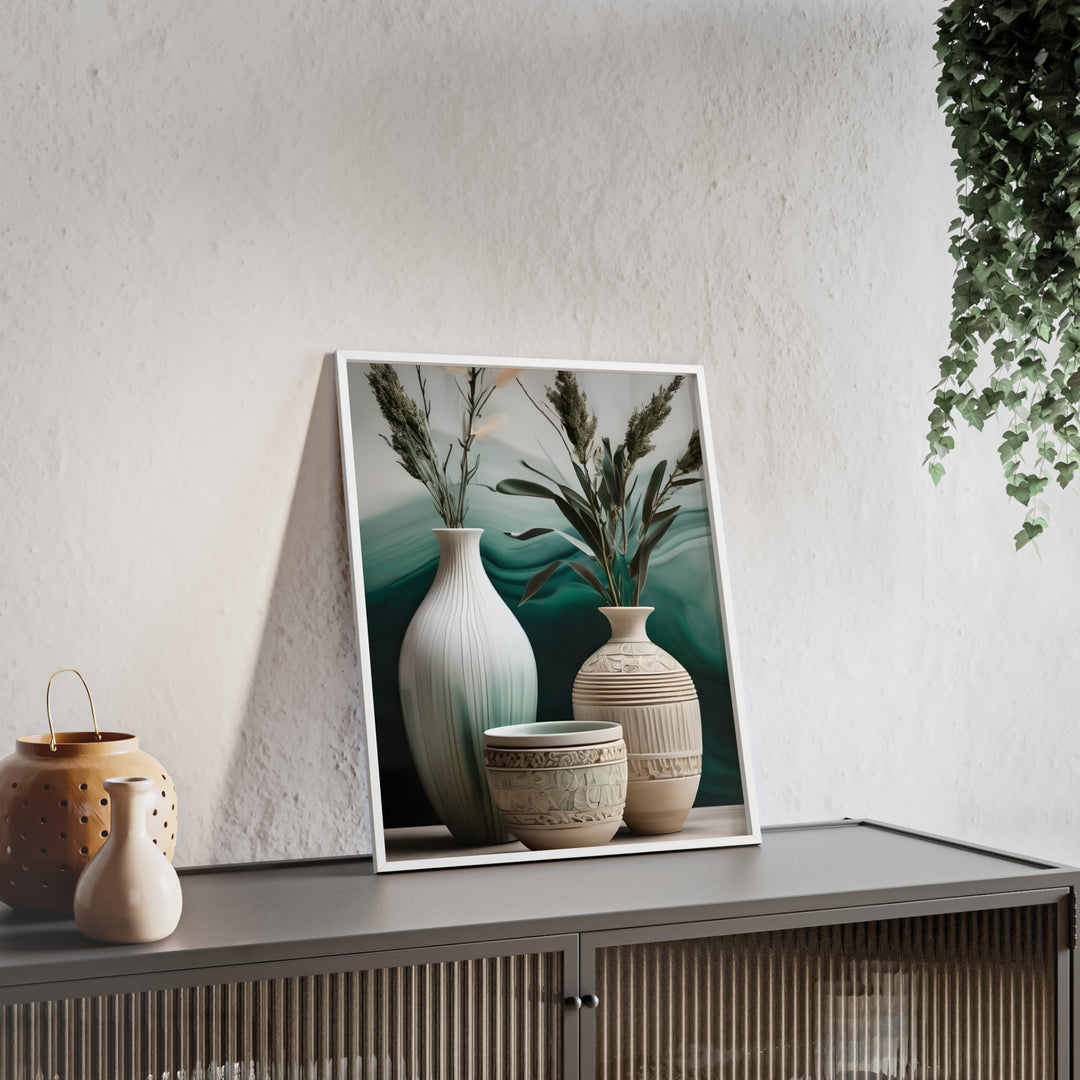 Boho Aesthetic Sage Bowls Poster with Wooden Frame Curated By Artisan & Blooms | Biophilic Design Airbnb Decor Furniture 