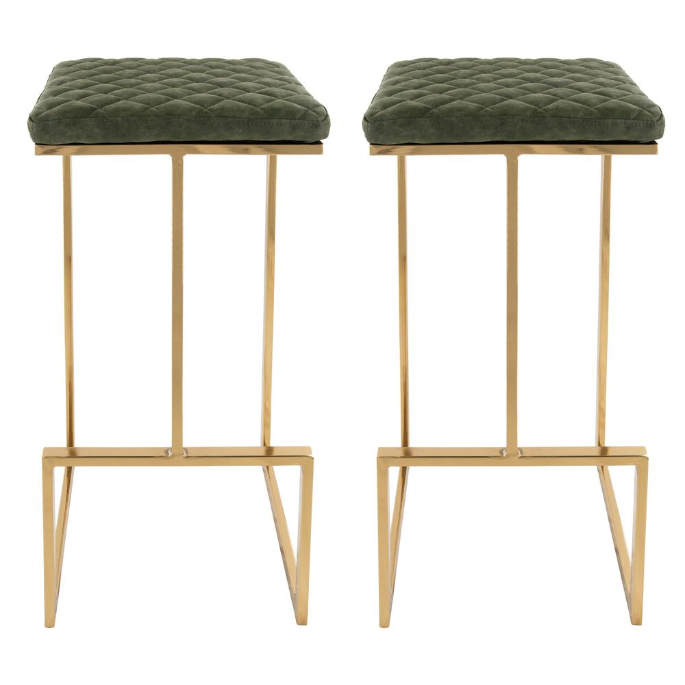 The Portofino Olive Green Tuscan Leather & Gold Bar Stools – Set of 2 - Mediterranean Italian Contemporary Home Decor Furniture