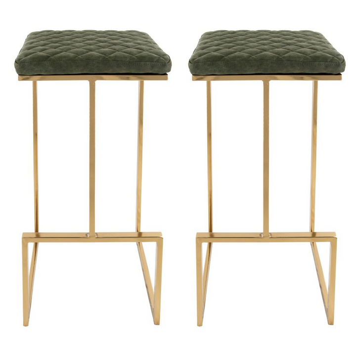 The Portofino Olive Green Tuscan Leather & Gold Bar Stools – Set of 2 - Mediterranean Italian Contemporary Home Decor Furniture