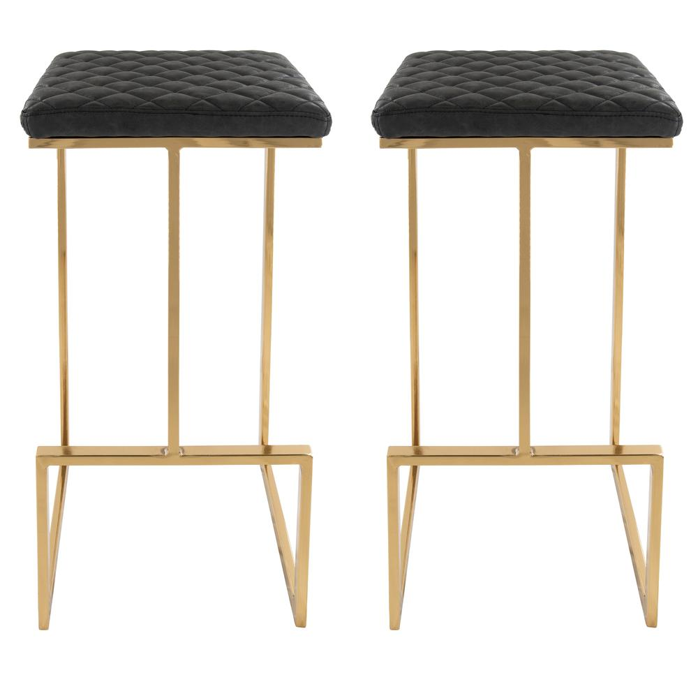 The Portofino Black Tuscan Leather & Gold Bar Stools – Set of 2 - Mediterranean Tuscan Contemporary Home Decor Furniture