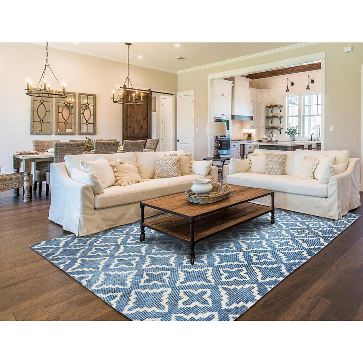 Azurea Greece Santorini Rabbit Linear Blue White 8x10 Rug - Mediterranean Italian Contemporary Home Decor Furniture