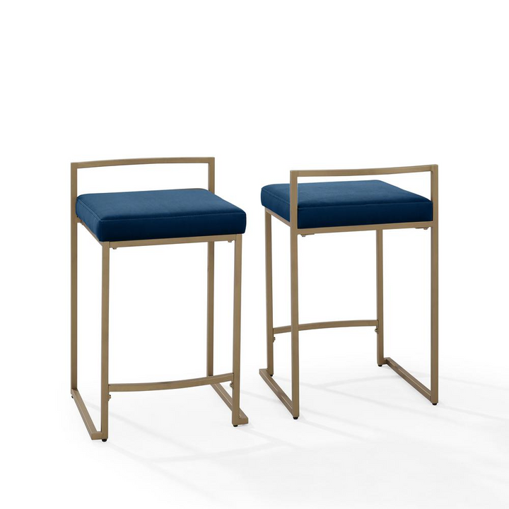 The Portofino Ocean Blue Tuscan Leather & Gold Bar Stools – Set of 2 - Mediterranean Italian Contemporary Home Decor Furniture
