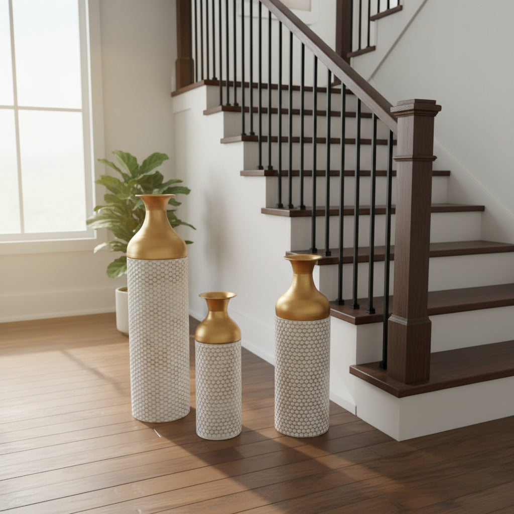 Canne | Mediterranean White and Gold Honeycomb-Textured Wrought Iron Floor Vase - Mediterranean Italian Contemporary Home Decor Furniture