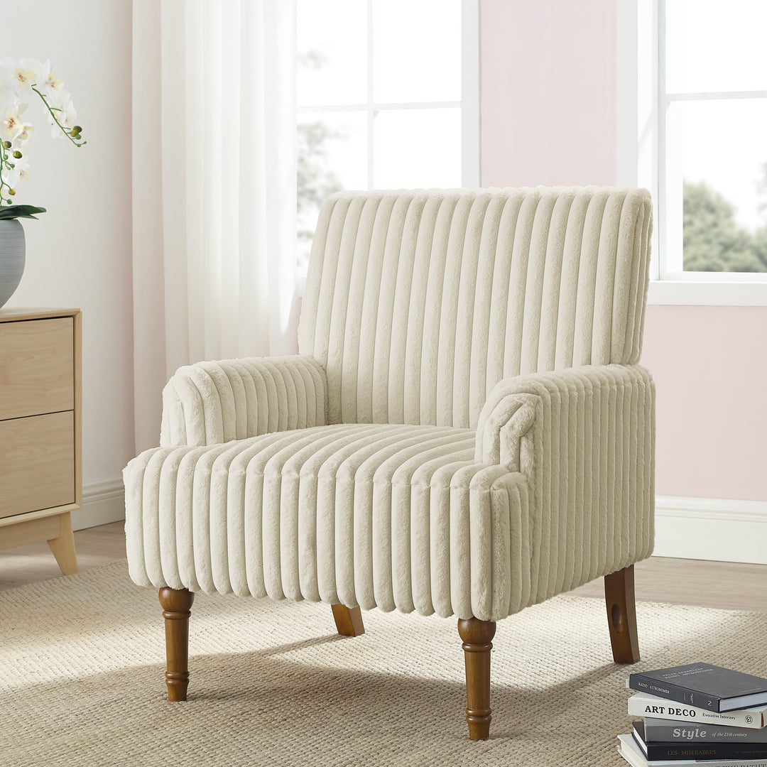 Buy farmhouse furniture Beige Corduroy Accent Chair | Wide-Wale Farmhouse Lounge Chair with Solid Wood Legs - Modern Cottage Farmhouse Furniture