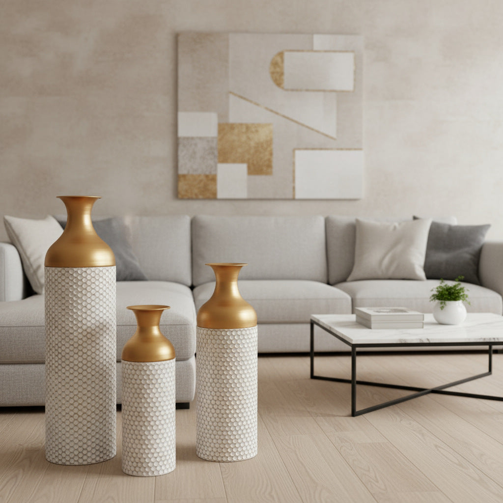 Canne | Mediterranean White and Gold Honeycomb-Textured Wrought Iron Floor Vase - Mediterranean Italian Contemporary Home Decor Furniture