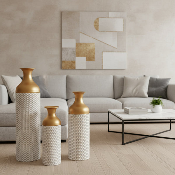 Buy farmhouse furniture Canne | Mediterranean White and Gold Honeycomb-Textured Wrought Iron Floor Vase - Modern Cottage Farmhouse Furniture