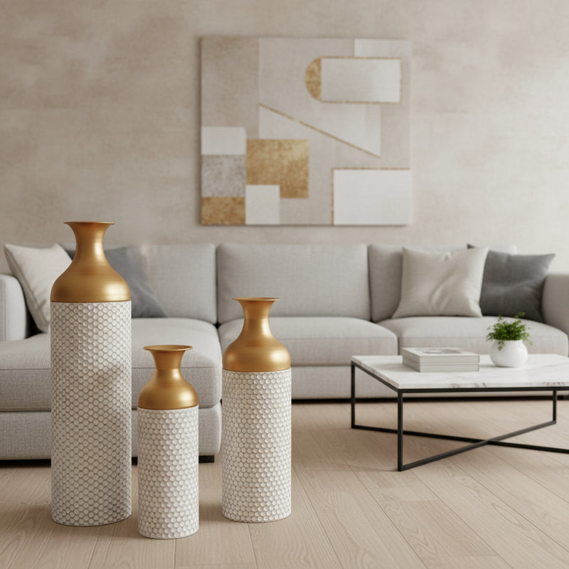 Buy farmhouse furniture Canne | Mediterranean White and Gold Honeycomb-Textured Wrought Iron Floor Vase - Modern Cottage Farmhouse Furniture