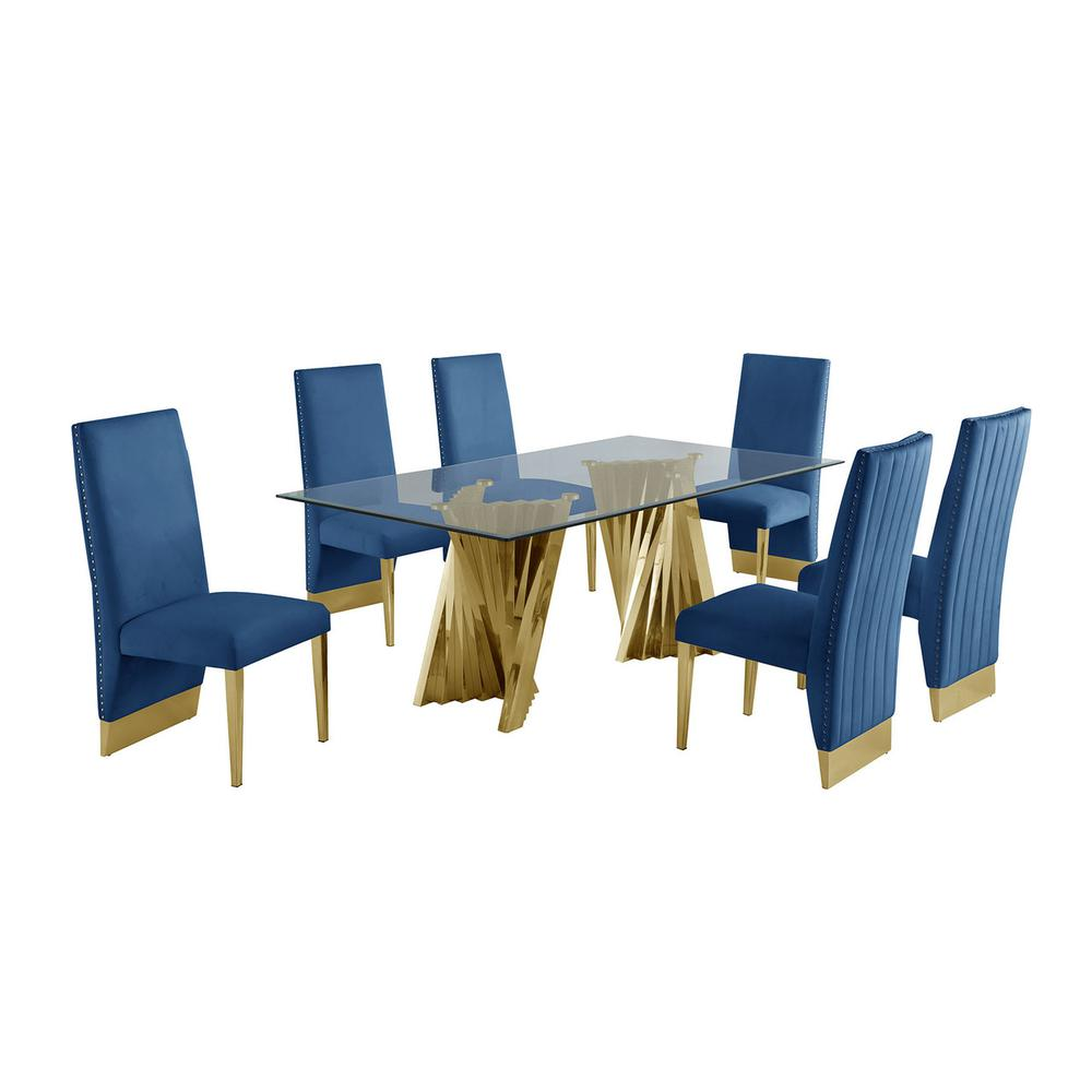 Boho Aesthetic Classic 7pc Dining Set w/Pleated Side Chair, Glass Table w/ Gold Spiral Base, Navy Blue | Biophilic Design Airbnb Decor Furniture 