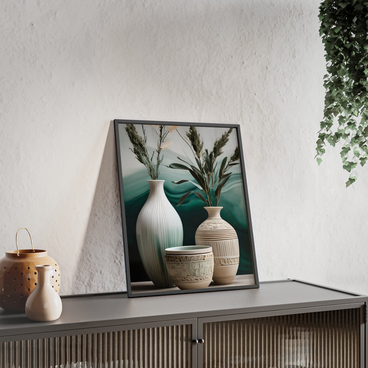 Boho Aesthetic Sage Bowls Poster with Wooden Frame Curated By Artisan & Blooms | Biophilic Design Airbnb Decor Furniture 