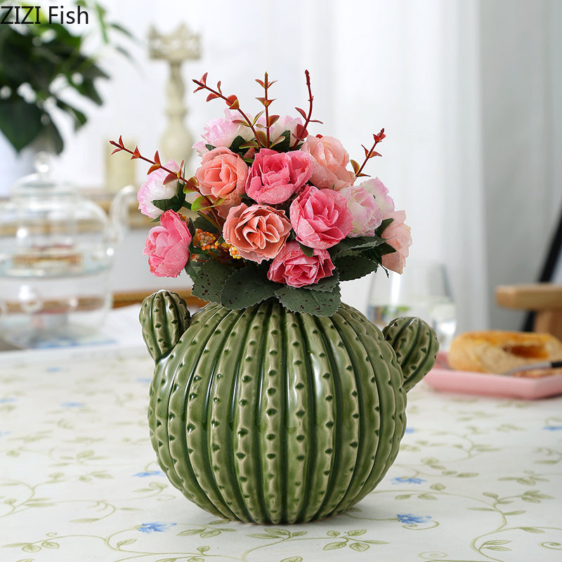 Buy farmhouse furniture Mediterranean Moroccan Southwestern Style Ceramic Cactus Vase - Modern Cottage Farmhouse Furniture