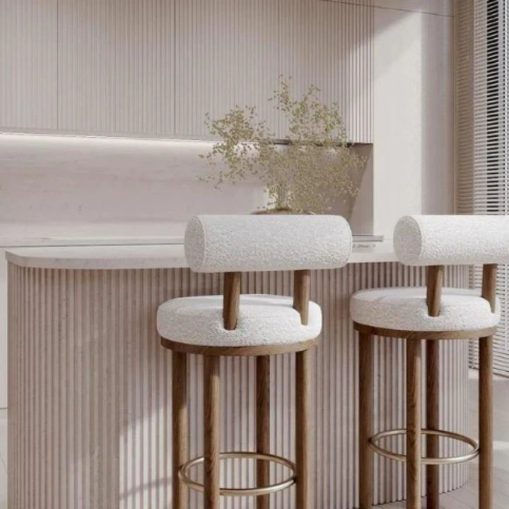 Tuscan Sheepskin Mediterranean Luxury Minimalist Off White Bar Stools - Mediterranean Italian Contemporary Home Decor Furniture