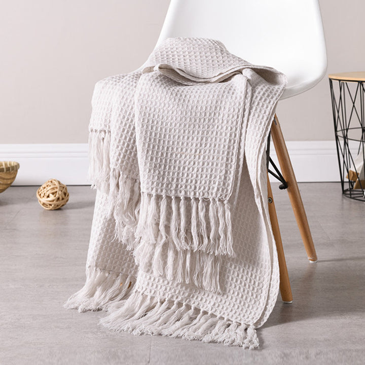 Buy farmhouse furniture Beige Textured Modern Farmhouse Tassel Throw Blanket - Modern Cottage Farmhouse Furniture