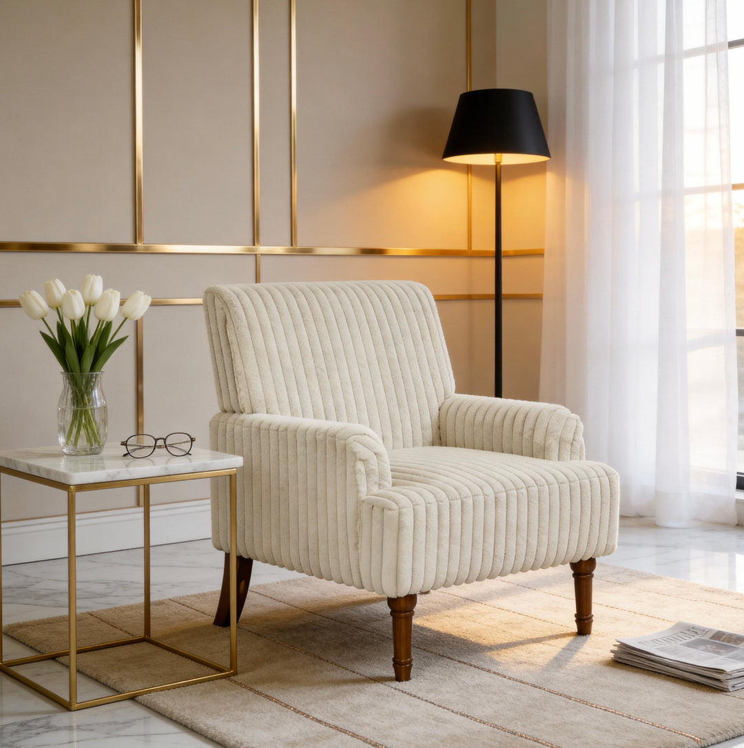 Buy farmhouse furniture Beige Corduroy Accent Chair | Wide-Wale Farmhouse Lounge Chair with Solid Wood Legs - Modern Cottage Farmhouse Furniture