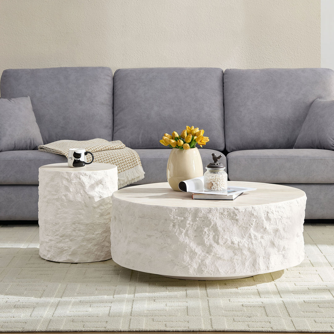 Helios | Circular Italian Mediterranean Limestone Artificial Coffee Table Set - Mediterranean Italian Contemporary Home Decor Furniture