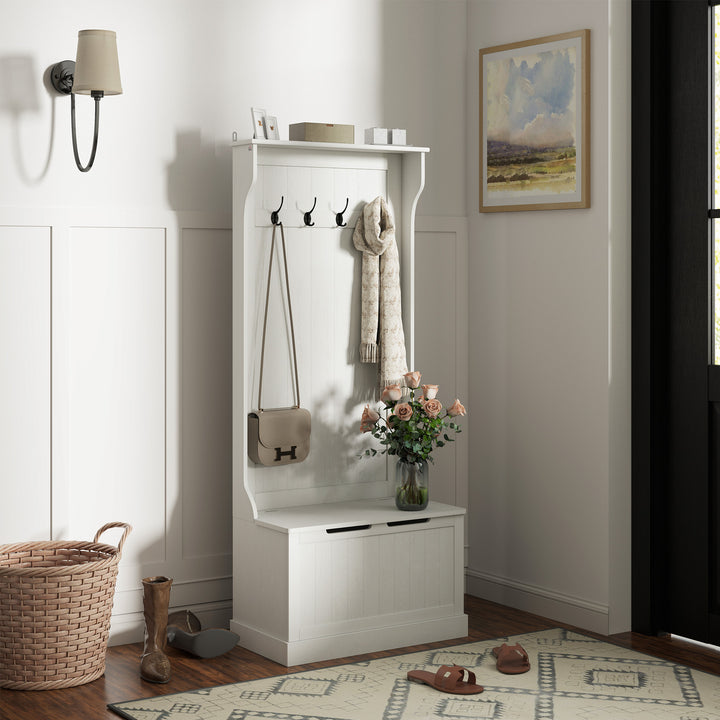 White Farmhouse Mudroom Coat Rack Storage Sitting Bench - Mediterranean Italian Contemporary Home Decor Furniture