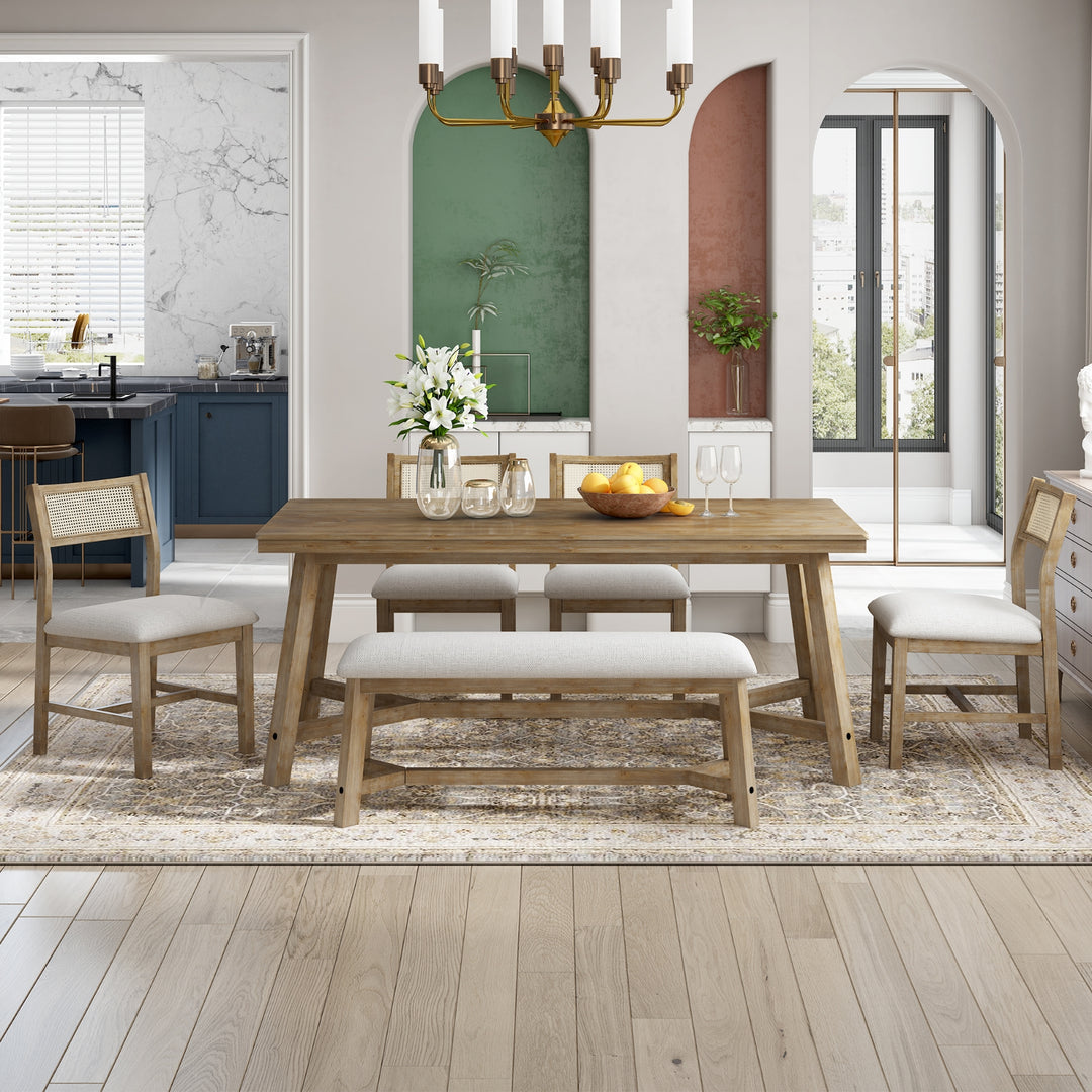 Buy farmhouse furniture Marathias 6-piece Mediterranean Farmhouse Style Dining Set, Table And 4 Upholstered Chairs With Rattan - Modern Cottage Farmhouse Furniture