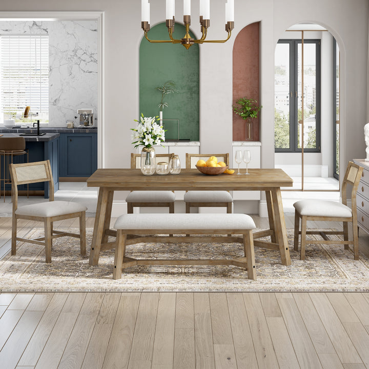Buy farmhouse furniture Marathias 6-piece Mediterranean Farmhouse Style Dining Set, Table And 4 Upholstered Chairs With Rattan - Modern Cottage Farmhouse Furniture