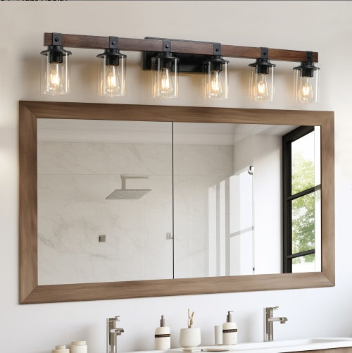 42 Inch Rustic 6-Light Vanity Light, Industrial Bathroom Wall Sconce With Glass Shades And Wood Accent, Modern Farmhouse Lighting Fixture No Bulbs - Mediterranean Italian Contemporary Home Decor Furniture