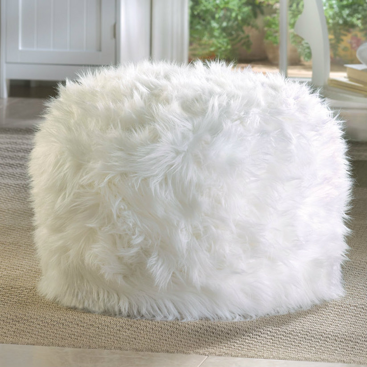 Boho Aesthetic Le Hyères | Soft Snow White Ottoman Pouf Seat | Biophilic Design Airbnb Decor Furniture 