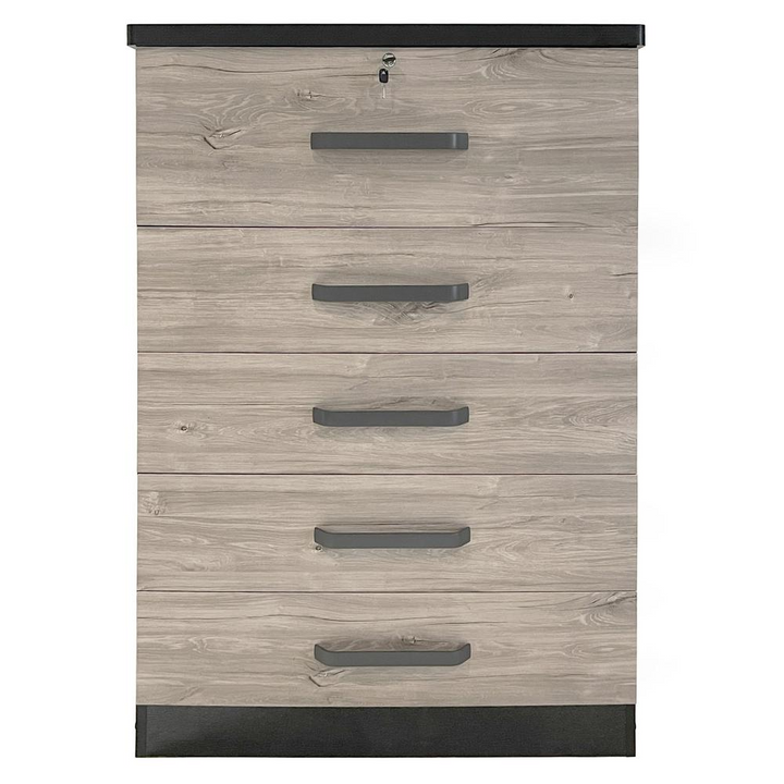 Boho Aesthetic Better Home Products Xia 5 Drawer Chest of Drawers in Black Silver & Gray Oak | Biophilic Design Airbnb Decor Furniture 