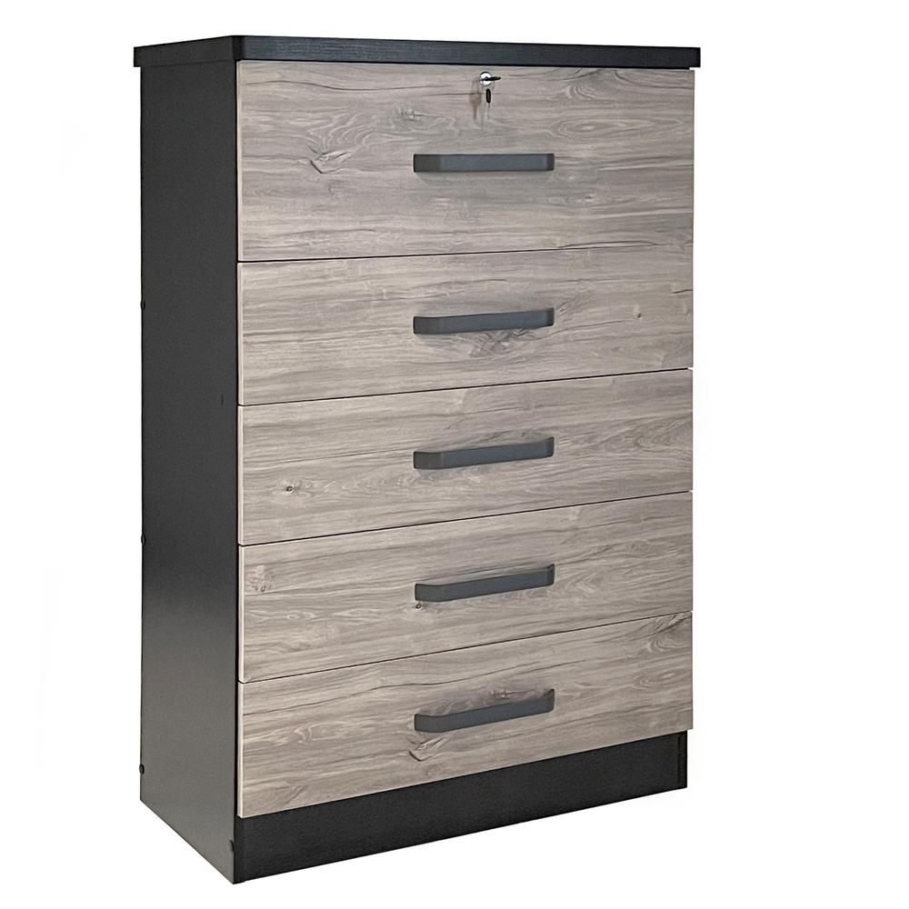 Boho Aesthetic Better Home Products Xia 5 Drawer Chest of Drawers in Black Silver & Gray Oak | Biophilic Design Airbnb Decor Furniture 