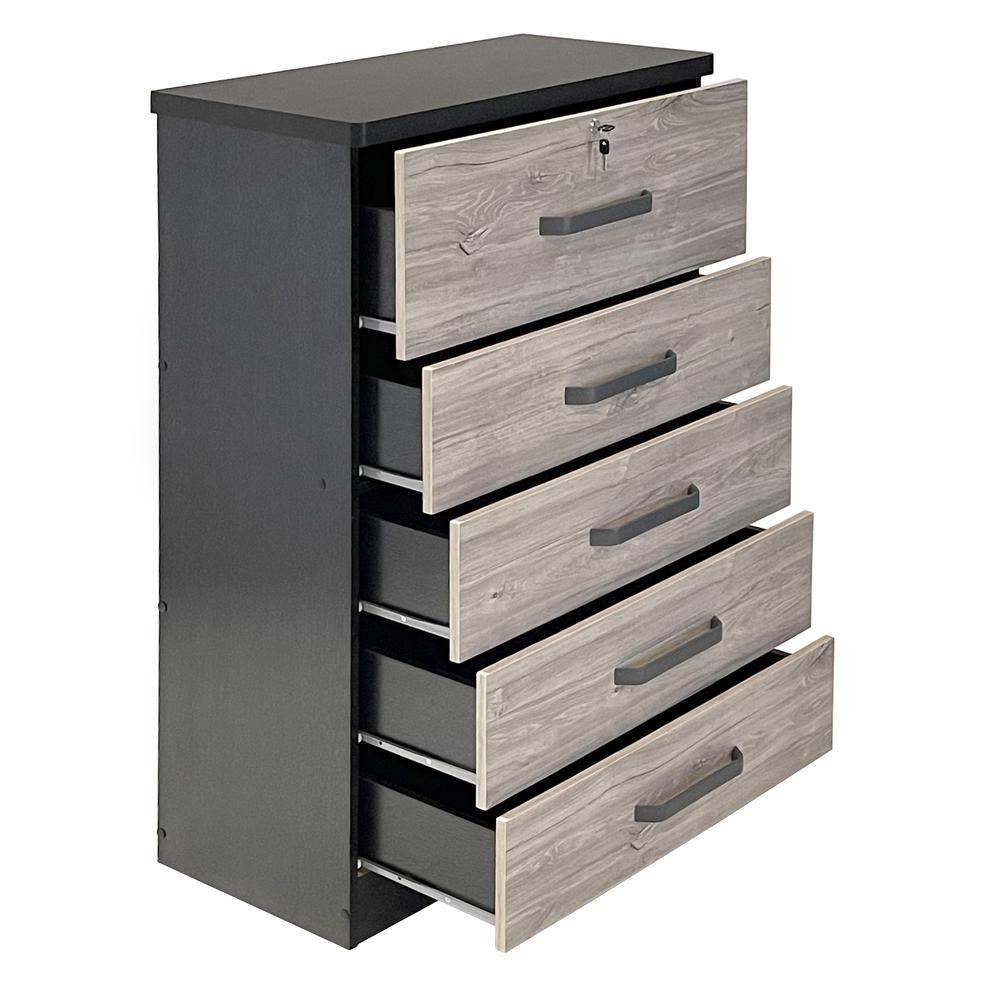 Boho Aesthetic Better Home Products Xia 5 Drawer Chest of Drawers in Black Silver & Gray Oak | Biophilic Design Airbnb Decor Furniture 