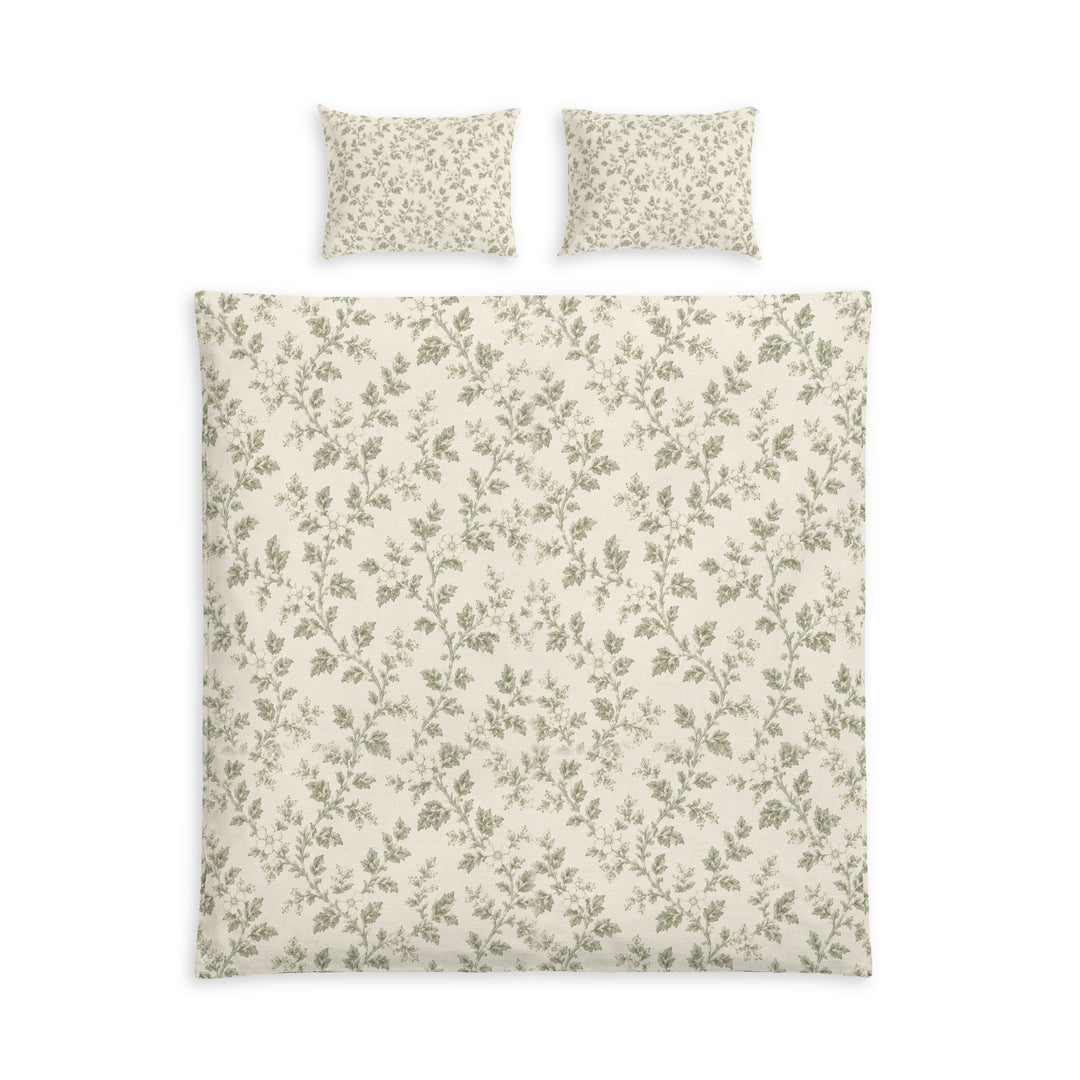 3pc Queen Size Sage &amp; Cream Artisan Blooms Cotton Bed Set