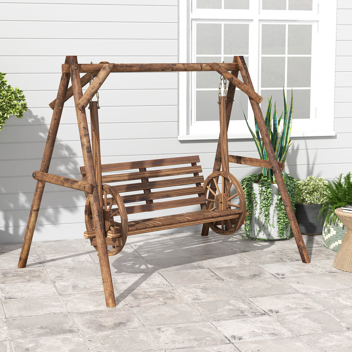 Brown Farmhouse Country Wooden Log 2-Seat Porch Swing Chair Bench