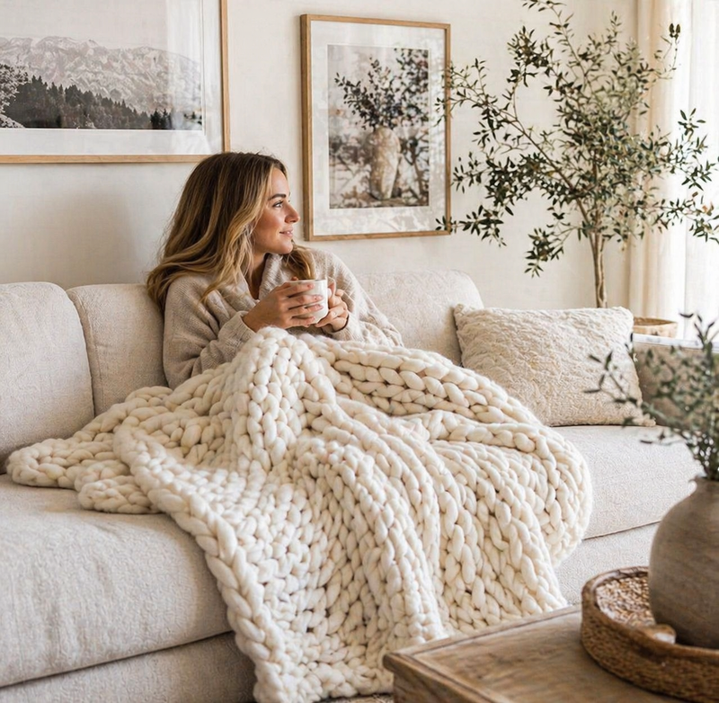Buy farmhouse furniture The Sandy Haven Handmade Modern Farmhouse Knitted Throw Blanket - Modern Cottage Farmhouse Furniture